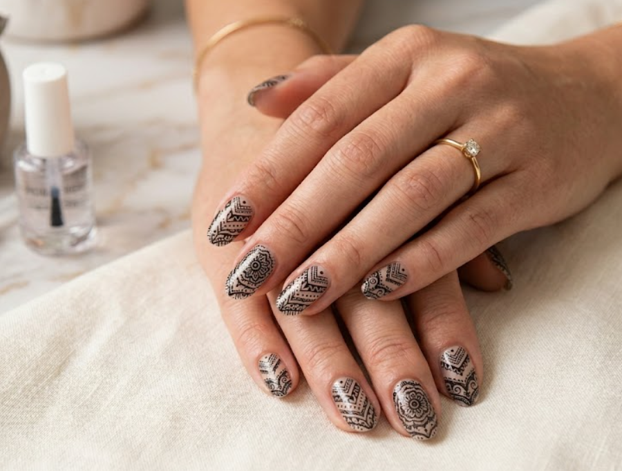 A stunning showcase of a professional-looking manicure featuring perfectly applied, glossy nail wraps.