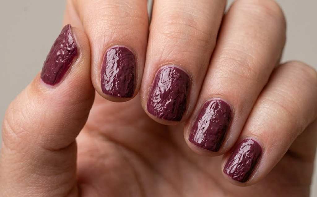 A close-up photograph showing a woman's fingers with clumpy, thick nail polish applied, illustrating the texture of an expired or dried-out product that did not go on smoothly.