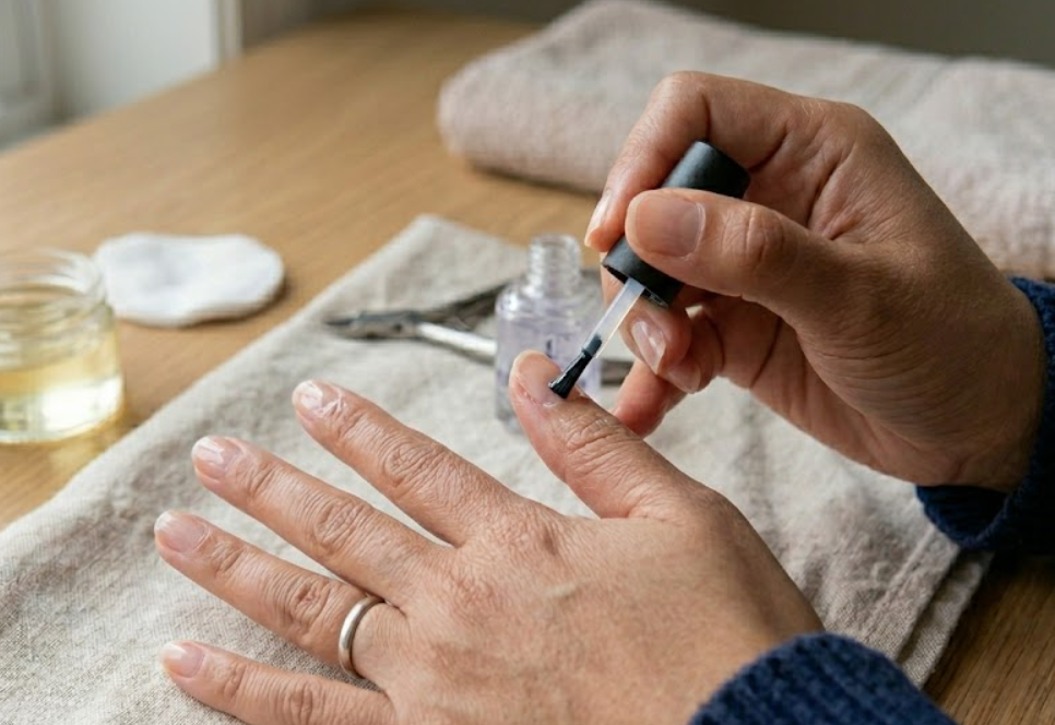 Applying a base coat for the nail wrap process, followed by the finished glossy, perfectly manicured result.