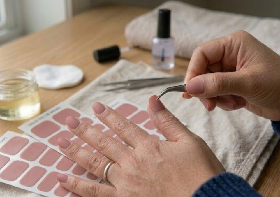 A close-up showing the step-by-step process of a person carefully applying pink nail wraps to achieve a flawless DIY manicure.
