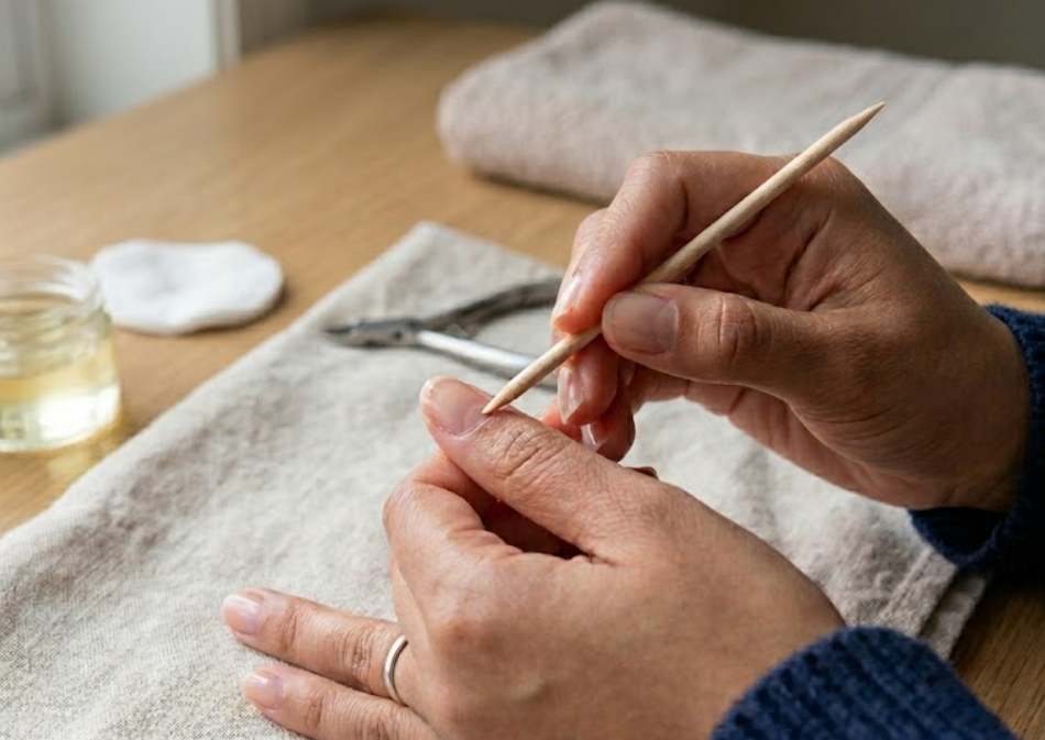 A person performing cuticle care to prep for nail wraps, followed by the finished glossy pink result.