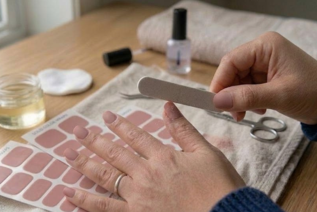 Person filing the edge of a pink nail wrap for a perfect fit during a DIY manicure.