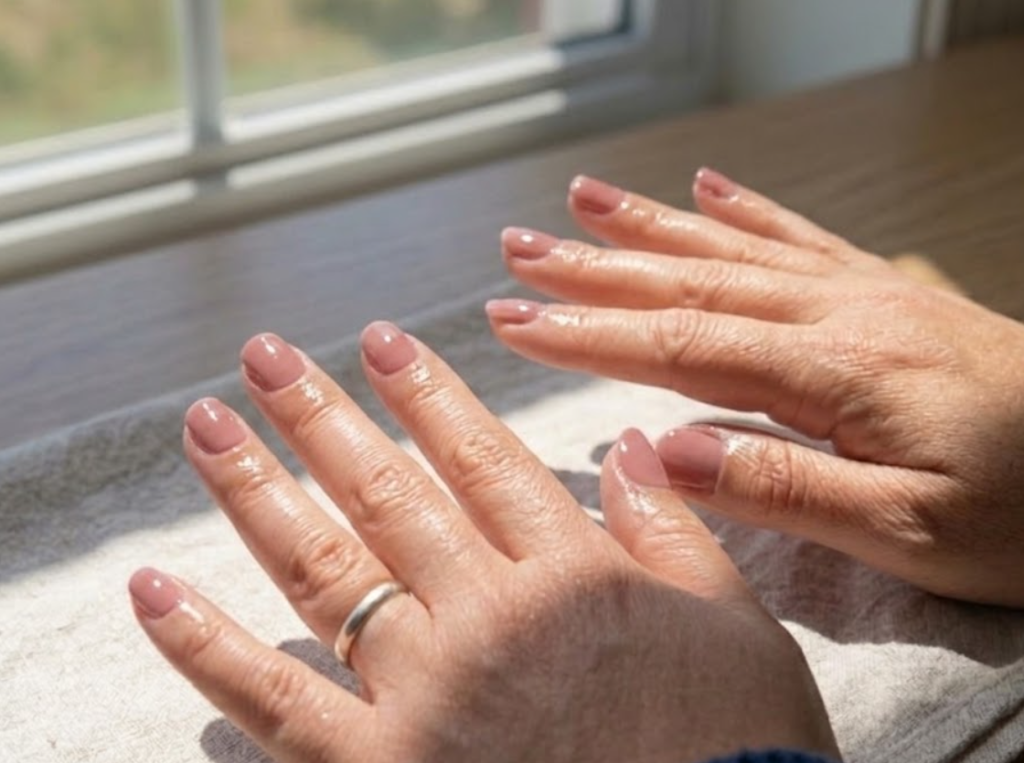 Finished look of perfectly applied, glossy pink nail wraps with a smooth and shiny finish.