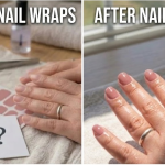 A two-panel image showing hands 'Before Nail Wraps' with unpolished nails and then 'After Nail Wraps' with a glossy pink manicure. The top is labeled 'Before Nail Wraps' and 'After Nail Wraps' respectively.