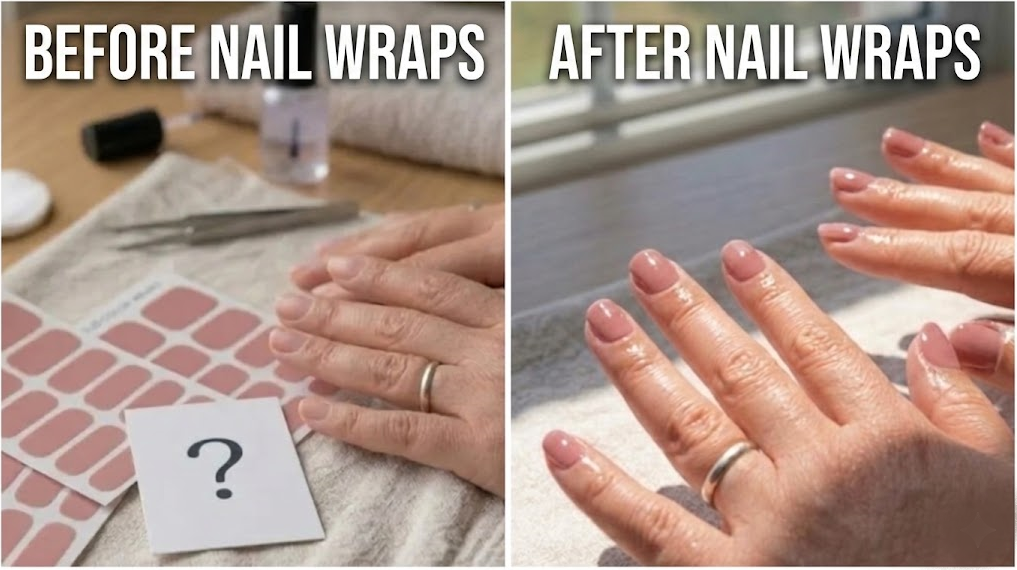 A two-panel image showing hands 'Before Nail Wraps' with unpolished nails and then 'After Nail Wraps' with a glossy pink manicure. The top is labeled 'Before Nail Wraps' and 'After Nail Wraps' respectively.