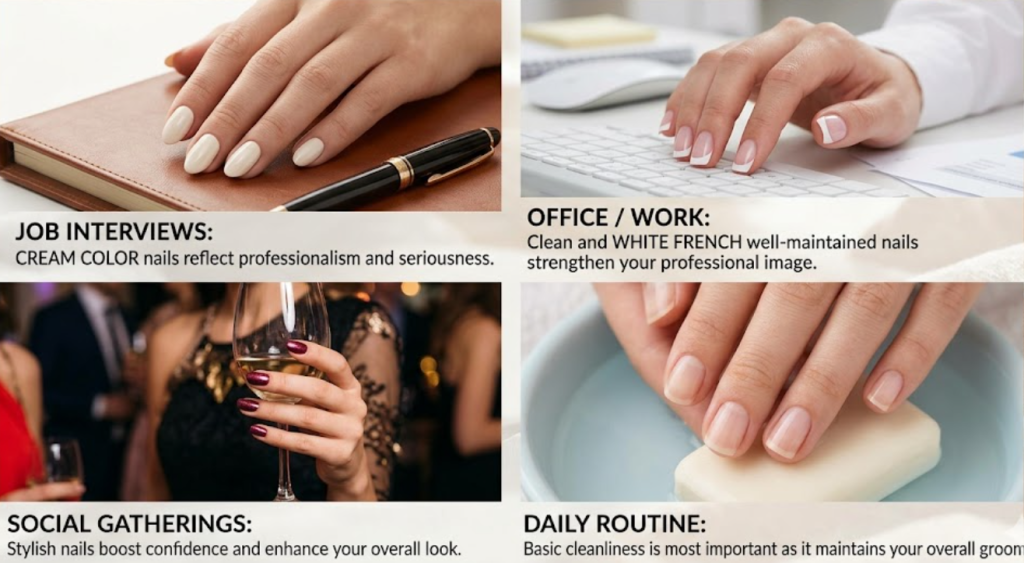 Close-up of hands showing different nail styles for various situations: cream-colored nails for job interviews, white French tips for office work, stylish nails for social gatherings, and clean natural nails for daily routine, professional and aesthetic lighting.
