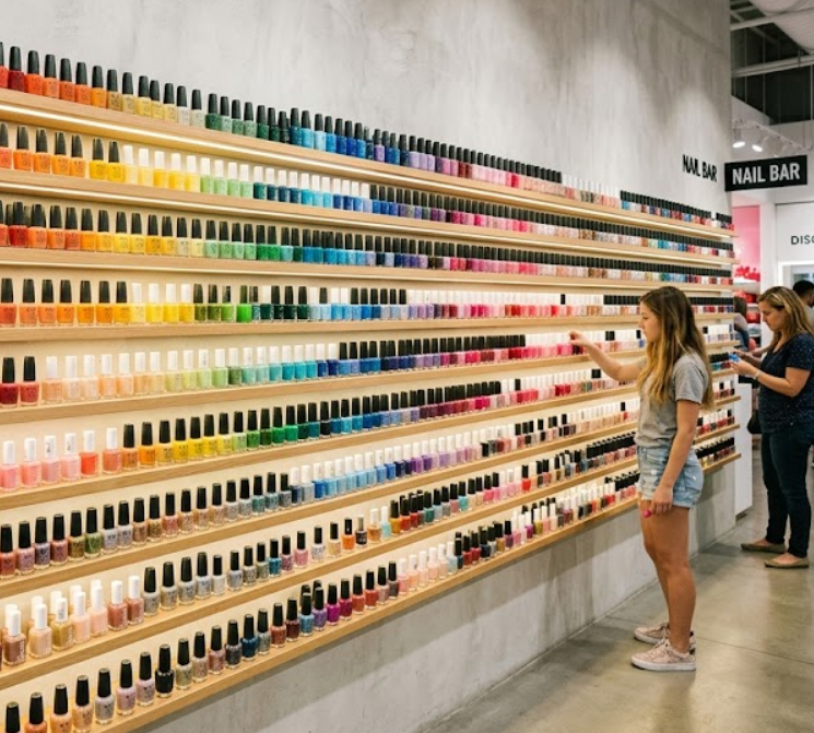 A bright and colorful display of fresh nail polish bottles in a well-lit beauty store, showcasing a wide variety of new shades and smooth formulas.