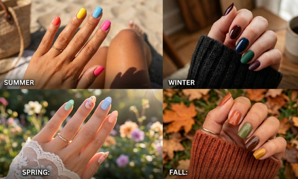 A collage of four photos showing hands with seasonal nail colors: vibrant Summer, deep Winter jewel tones, earthy Fall shades, and pastel Spring floral art.