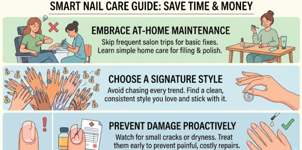 An infographic titled "Smart Nail Care Guide" featuring three horizontal sections: the first contrasts a time-consuming salon visit with easy at-home filing; the second compares expensive, trendy manicures to a cost-effective signature style; and the third shows a cracked nail being treated with oil to prevent damage.