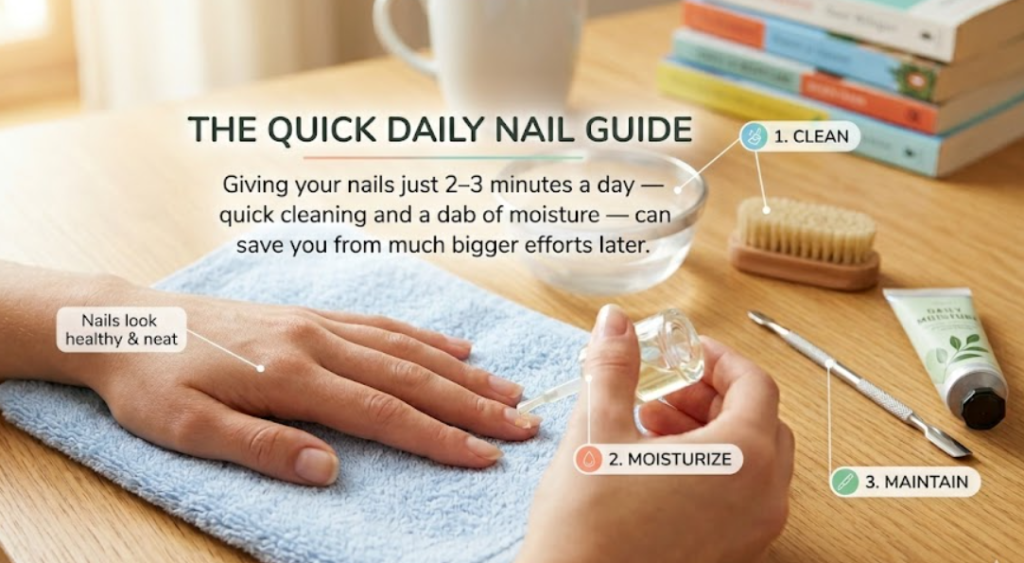 A person applying nail oil at a desk with text: "The Quick Daily Nail Guide: Clean, Moisturize, Maintain."