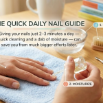A person applying nail oil at a desk with text: "The Quick Daily Nail Guide: Clean, Moisturize, Maintain."