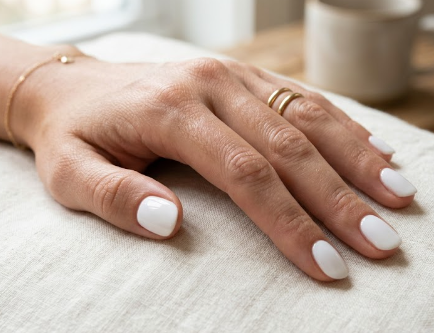 A hand featuring clean white nails colors to help user to choose the perfect color nails for a fresh and minimalist style