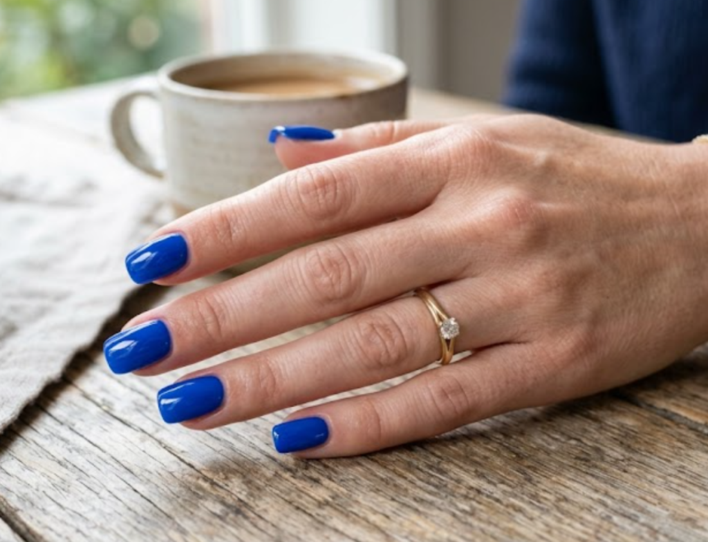 A hand featuring calming blue nails colors to help user to choose the perfect color nails for a peaceful and trendy vibe