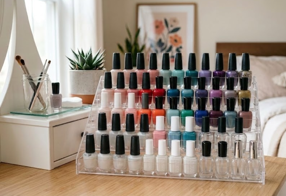 A collection of nail polish bottles stored upright in a cool, dark, and organized drawer