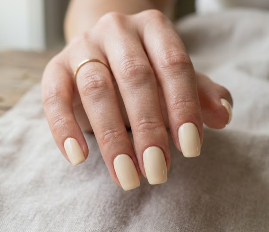 A hand featuring natural nude nails colors to help user to choose the perfect color nails for a subtle and elegant look.