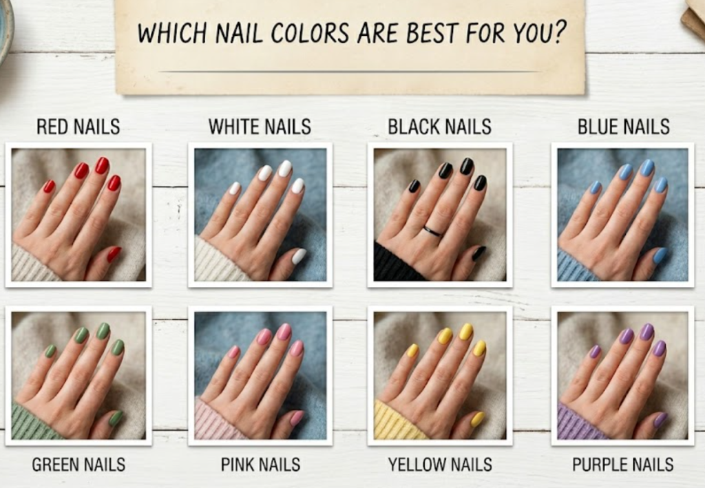 A collage of eight hand photos titled "Which Nail Colors Are Best For You?" displaying red, white, black, blue, green, pink, yellow, and purple nail designs on a white wooden surface.