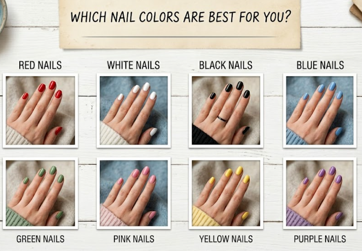 A collage of eight hand photos titled "Which Nail Colors Are Best For You?" displaying red, white, black, blue, green, pink, yellow, and purple nail designs on a white wooden surface.