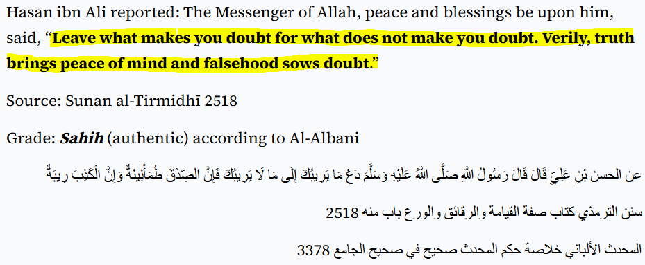 A visual representation of Islamic ethics showing that a believer's heart acts as a compass. It highlights the principle that if an action feels uneasy or questionable, it is better to avoid it to protect one's faith.