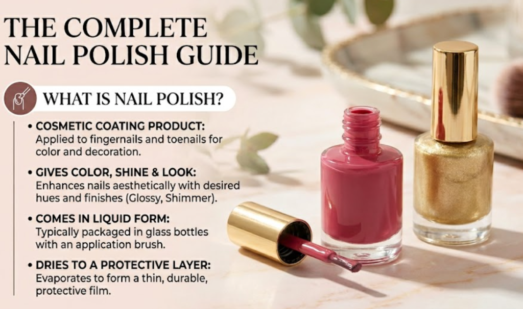 Infographic about nail polish with "The Complete Nail Polish Guide" title and bullet points on cosmetic coating, liquid form, and drying. Pink and gold nail polish bottles in an aesthetic frame.
