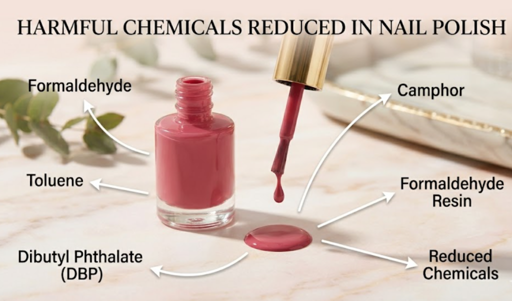 Infographic showing nail polish with reduced harmful chemicals. Labels point to and from a 'Reduced Chemicals' pool, listing specific substances.