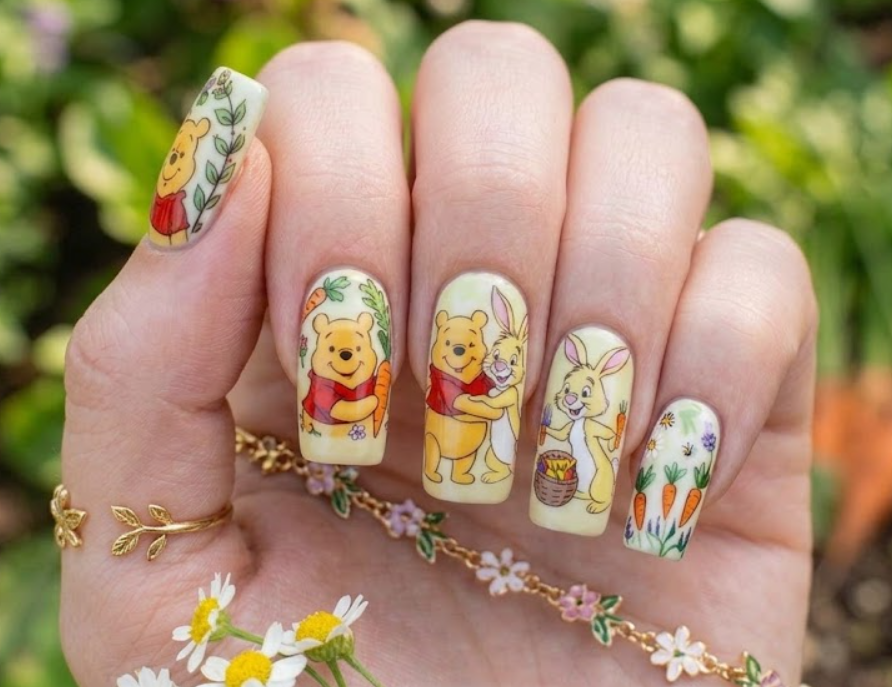 This nail art shows Pooh and Rabbit in a garden theme