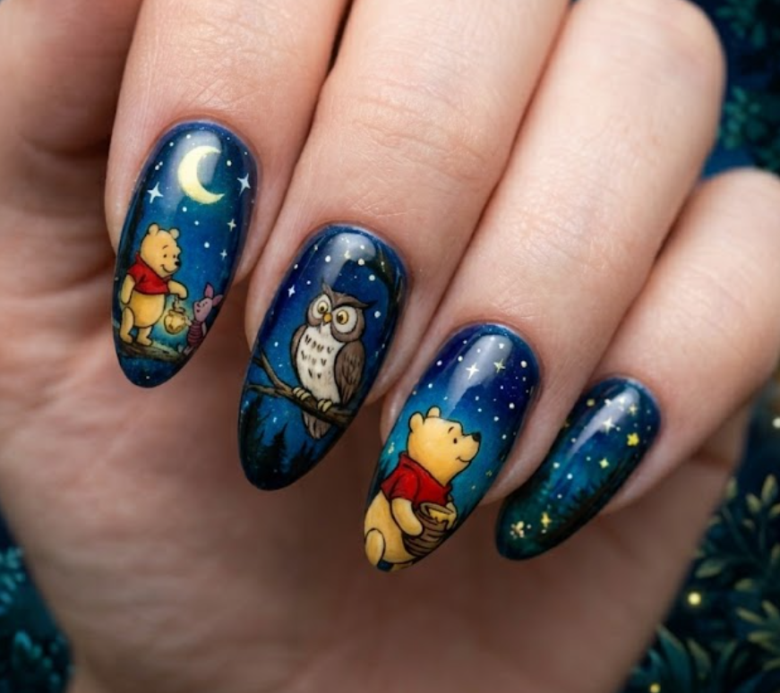 This design shows Pooh and Owl in a night forest scene