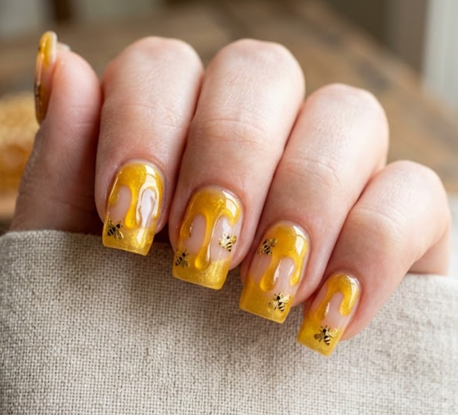 This design highlights honey drip and bee patterns,