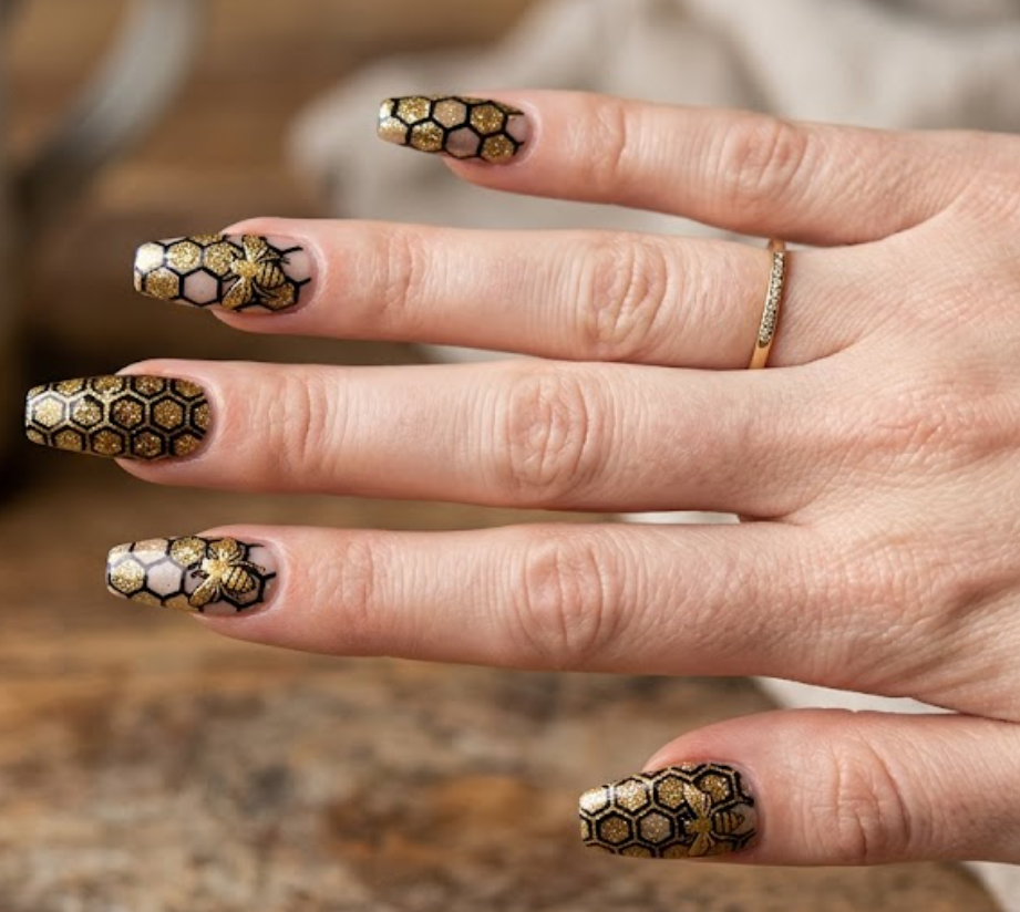 This nail art features a bee hive with glitter effect,
