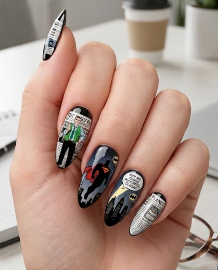 A woman’s hand with newspaper headline style nails and Superman silhouette in the background.