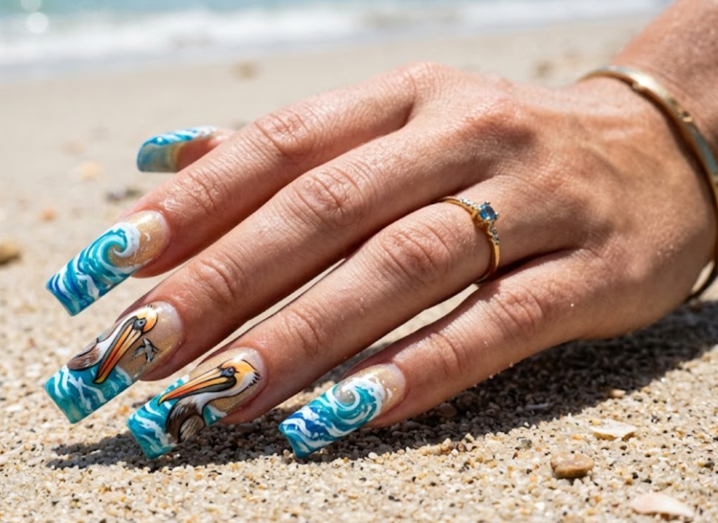 In this picture, long square nails feature pelican-inspired nail art with ocean waves and sandy textures.
