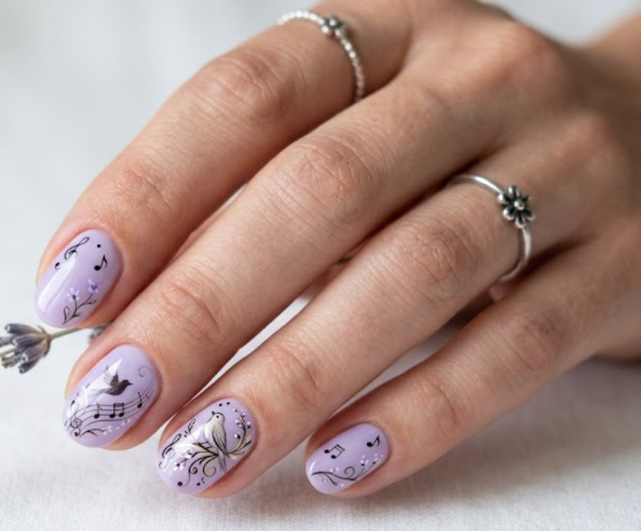 In this picture, short oval nails feature lavender nightingale-inspired nail art with floral and musical details.