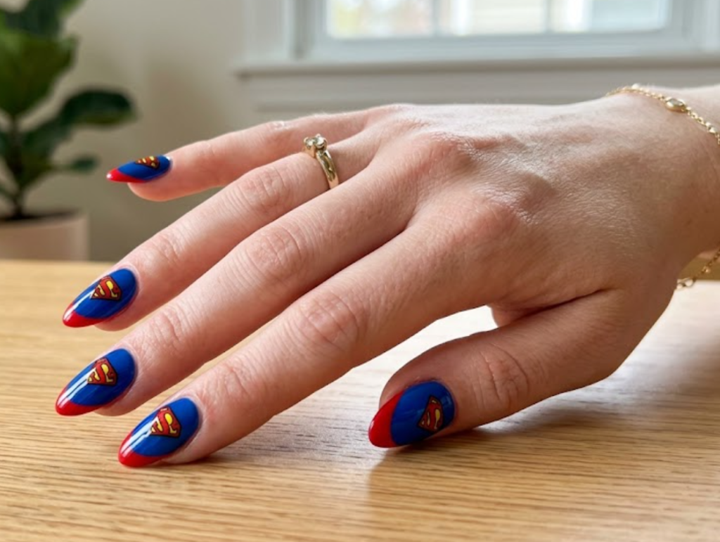 A woman’s hand with almond-shaped nails featuring blue base, red tips, and yellow Superman logo on each nail in a glossy finish.