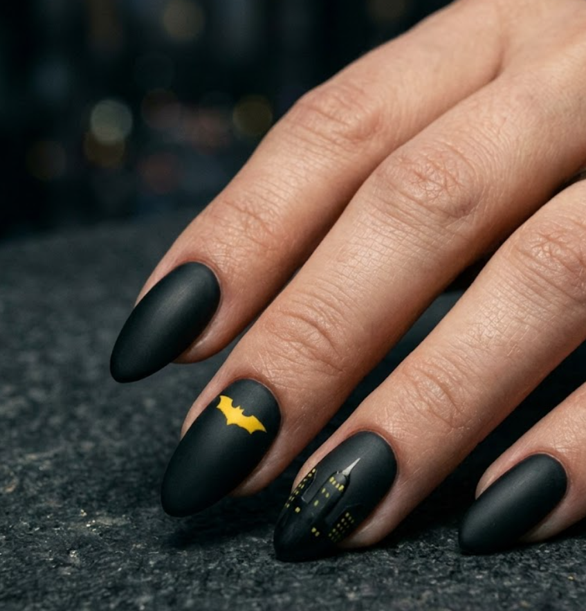 Full hand Batman Gotham-inspired matte black nails with yellow bat accents on a simple background