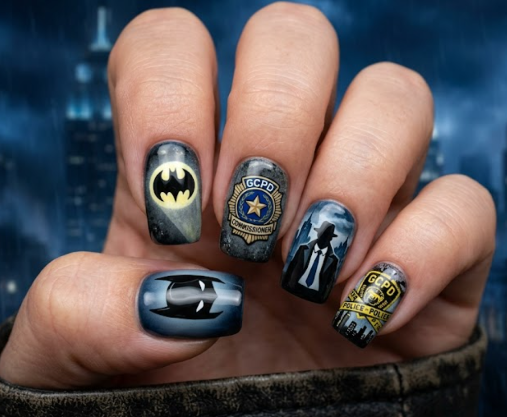 Full hand Batman Commissioner Gordon detective-inspired navy and gray nails with skyline details on a simple background