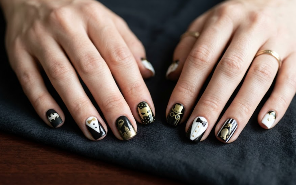 Full hand Batman Penguin black and white tuxedo-inspired nails with gold accents on a simple background
