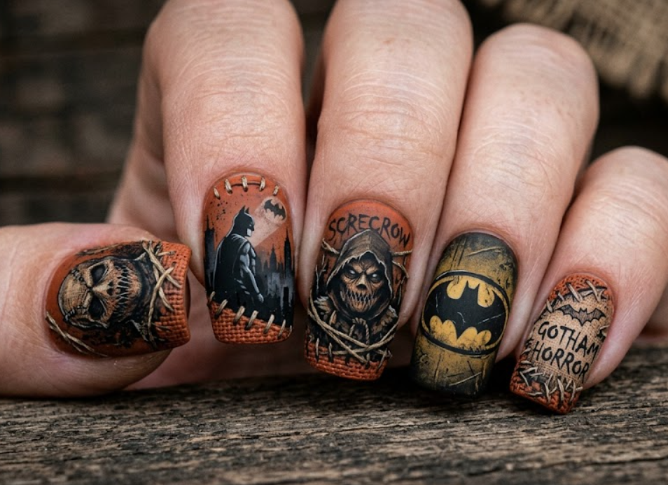 Full hand Batman Bane black and military green industrial matte nails on a simple background