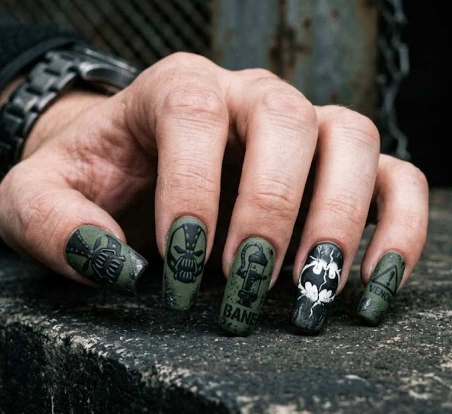Full hand Batman Bane black and military green industrial matte nails on a simple background