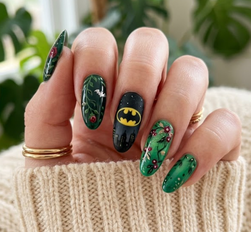 Full hand Batman Mr. Freeze icy blue chrome nails with crystal frozen effects on a simple background