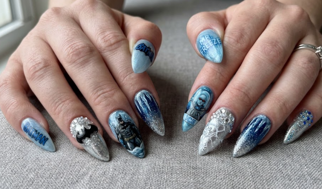 Full hand Batman Killer Croc reptile scale textured dark green nails on a simple background