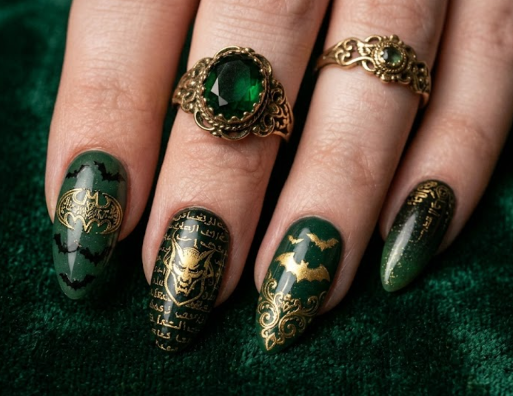 Full hand Batman Ra’s al Ghul dark green black and gold luxury nails on a simple background