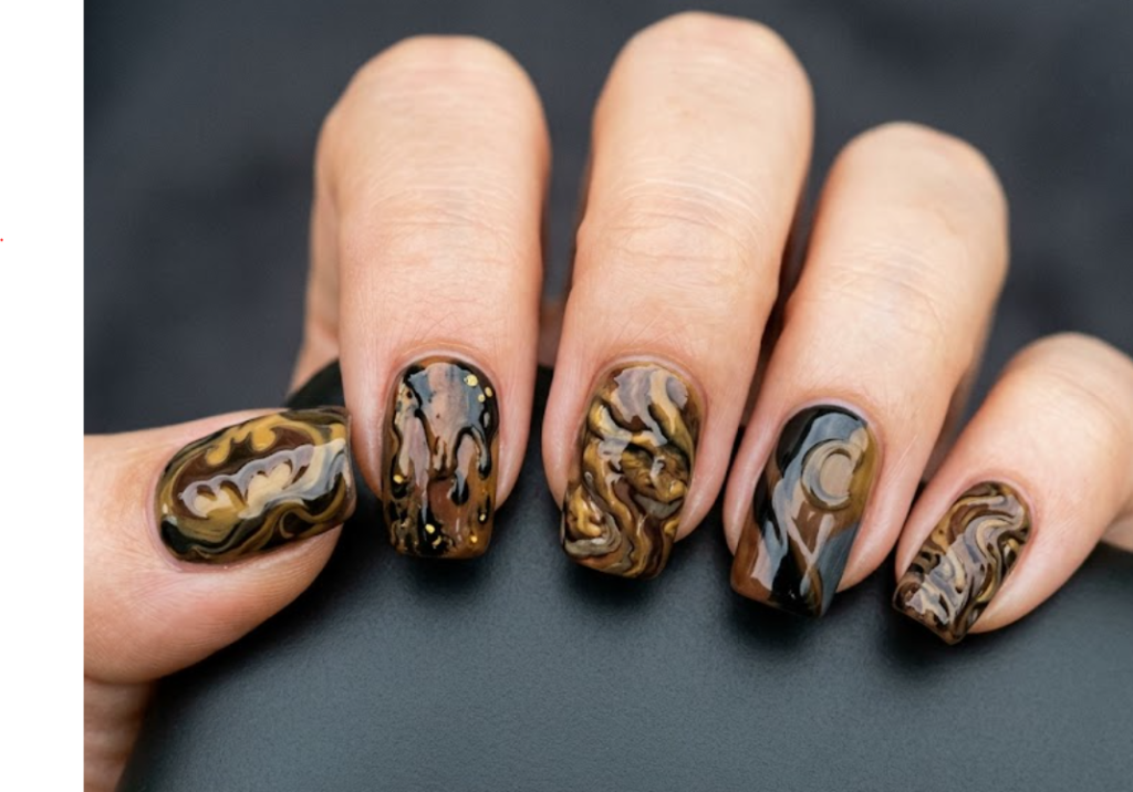 Full hand Batman Clayface abstract melting texture nails in muddy brown tones on a simple background