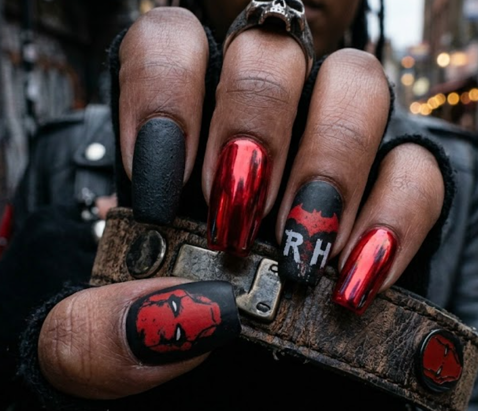 Full hand Batman Red Hood red chrome and matte black edgy nails on a simple background