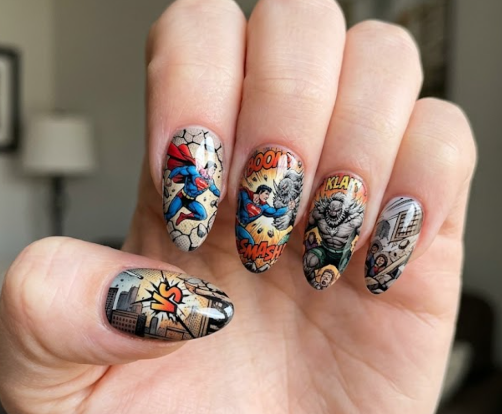 A woman’s hand featuring Superman fighting Doomsday with cracked stone texture and comic impact effects.