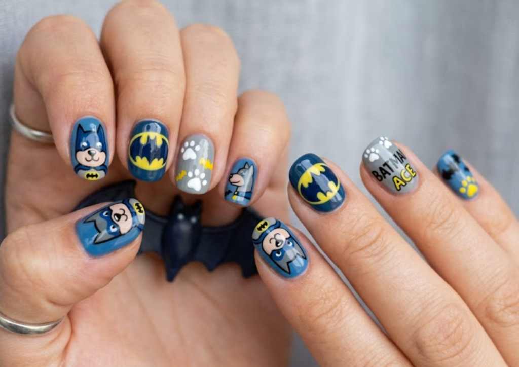Full hand Batman Ace the Bat-Hound cute cartoon dog nails with paw prints and bat symbols on a simple background