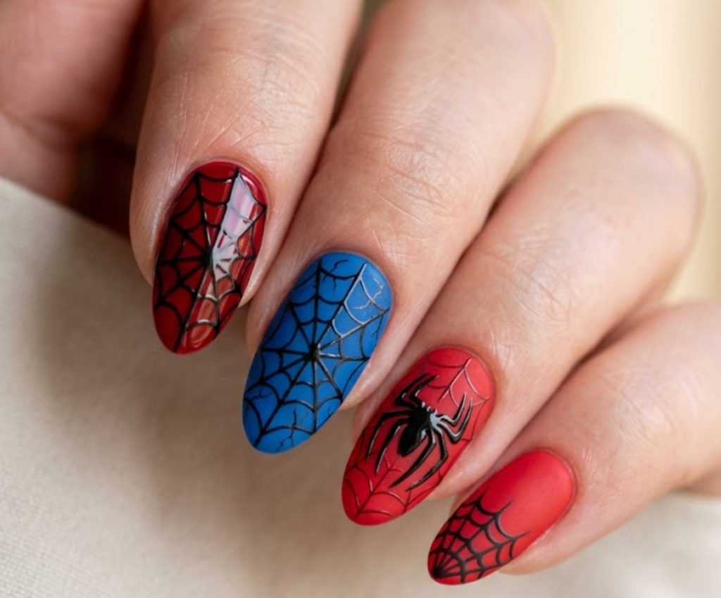 Close-up Spider-Man inspired nail design with red and blue nails, black spider web lines, cracked web effect, and small spider logo on glossy manicure.
