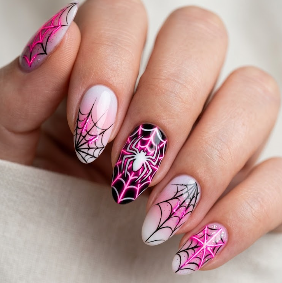 Macro photo of Spider-Gwen nail art featuring white, pink, and black nails with neon web lines and comic-inspired pop art details.