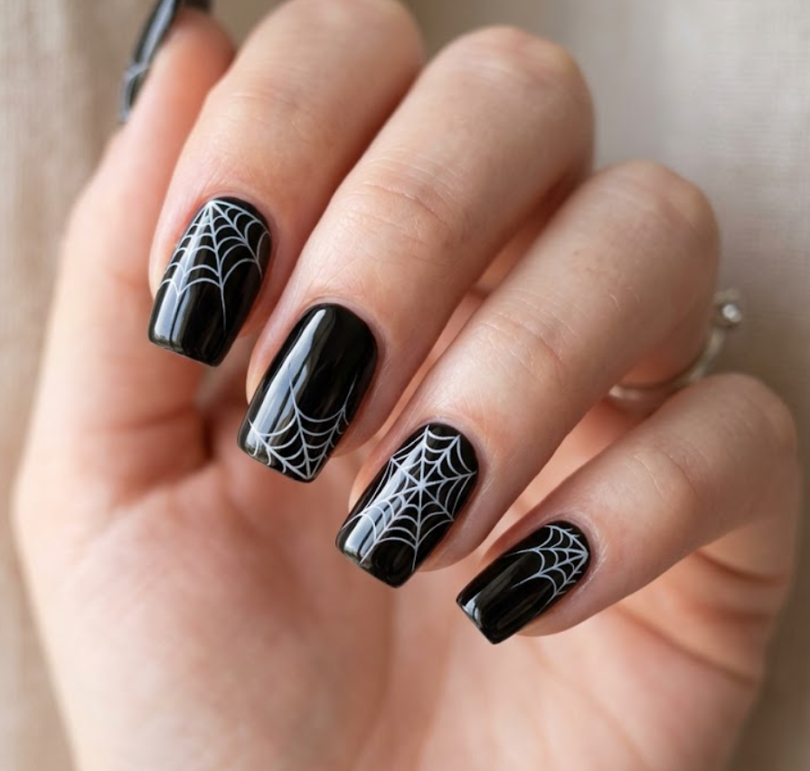 Elegant Silk Cindy Moon inspired manicure with black nails and thin white silk web patterns in a minimalist close-up nail photo.