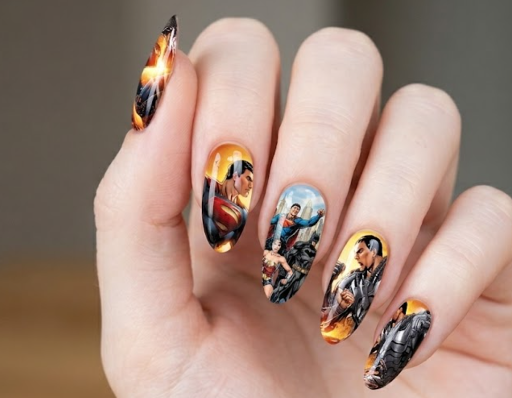 A woman’s hand showing Superman vs General Zod battle with red sky and cinematic comic style.
