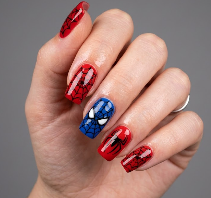 Close-up photo of a glossy Spider-Man nail art design featuring classic red and blue colors, intricate black spider web patterns, and a spider mask eyes accent nail.