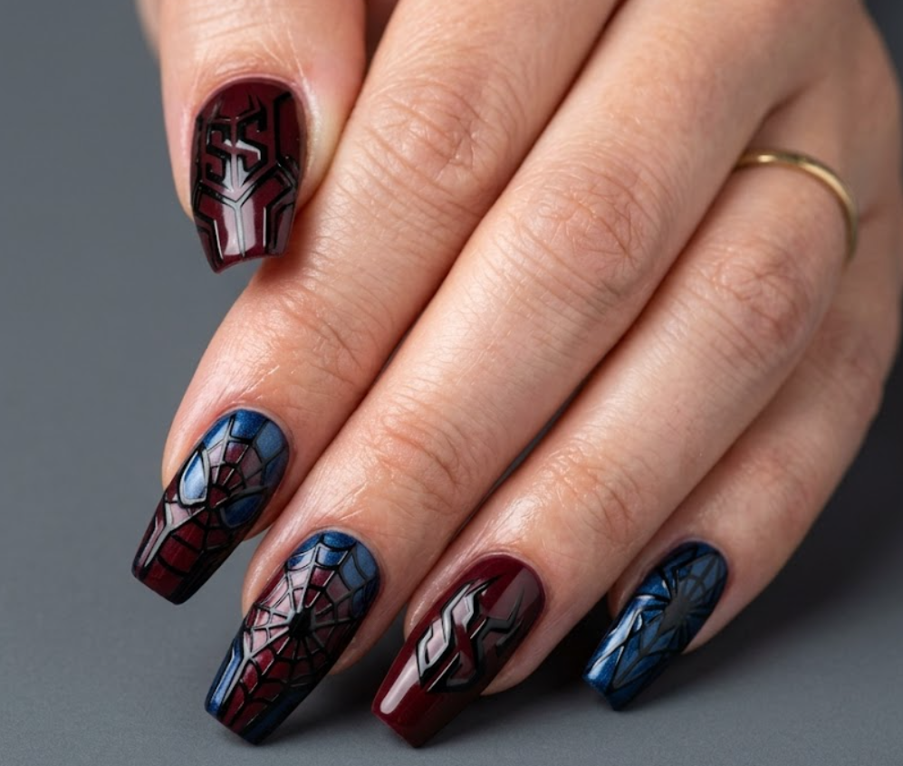 Futuristic Superior Spider-Man nail design with dark burgundy red and metallic blue shades, featuring sharp, geometric mechanical web lines.